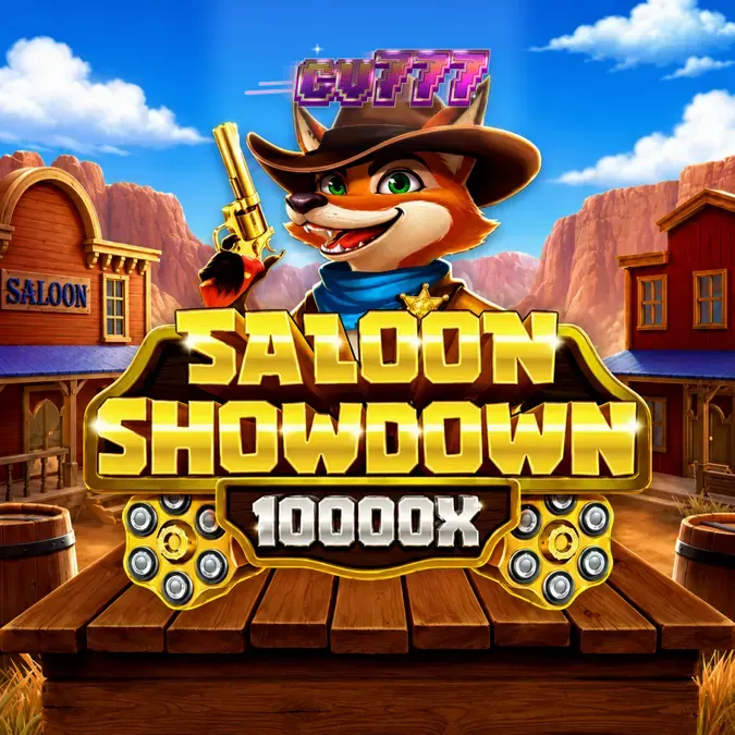 Tampilan visual slot Saloon Showdown 10,000x dengan tema saloon koboi